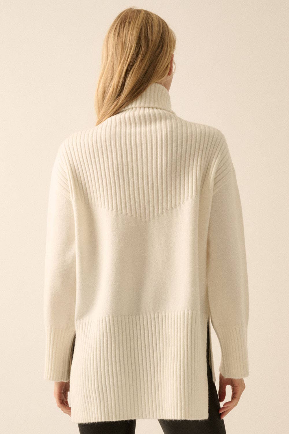 Solid Ribbed Knit Yoke Turtleneck Sweater