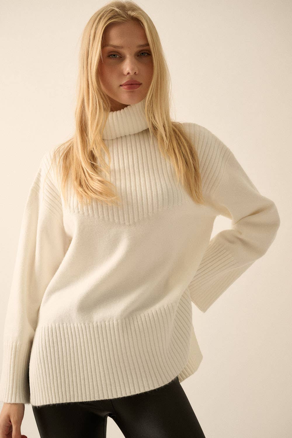 Solid Ribbed Knit Yoke Turtleneck Sweater