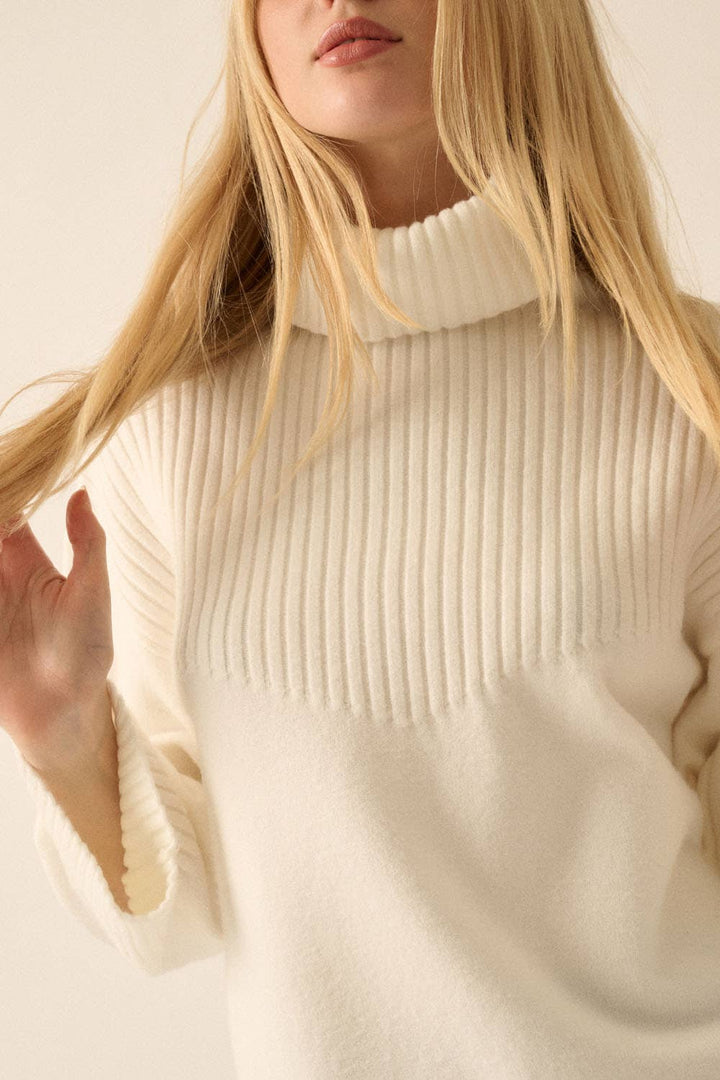 Solid Ribbed Knit Yoke Turtleneck Sweater