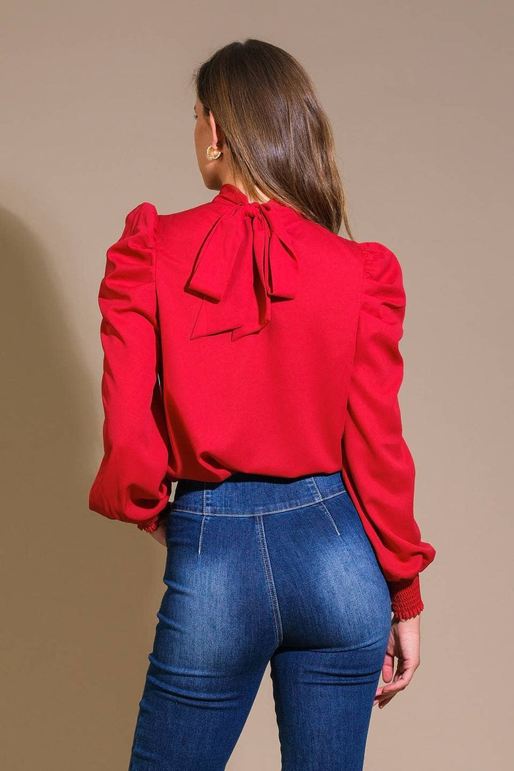 Solid Blouse with Large Back Bow Tie