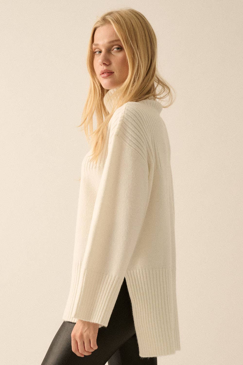 Solid Ribbed Knit Yoke Turtleneck Sweater