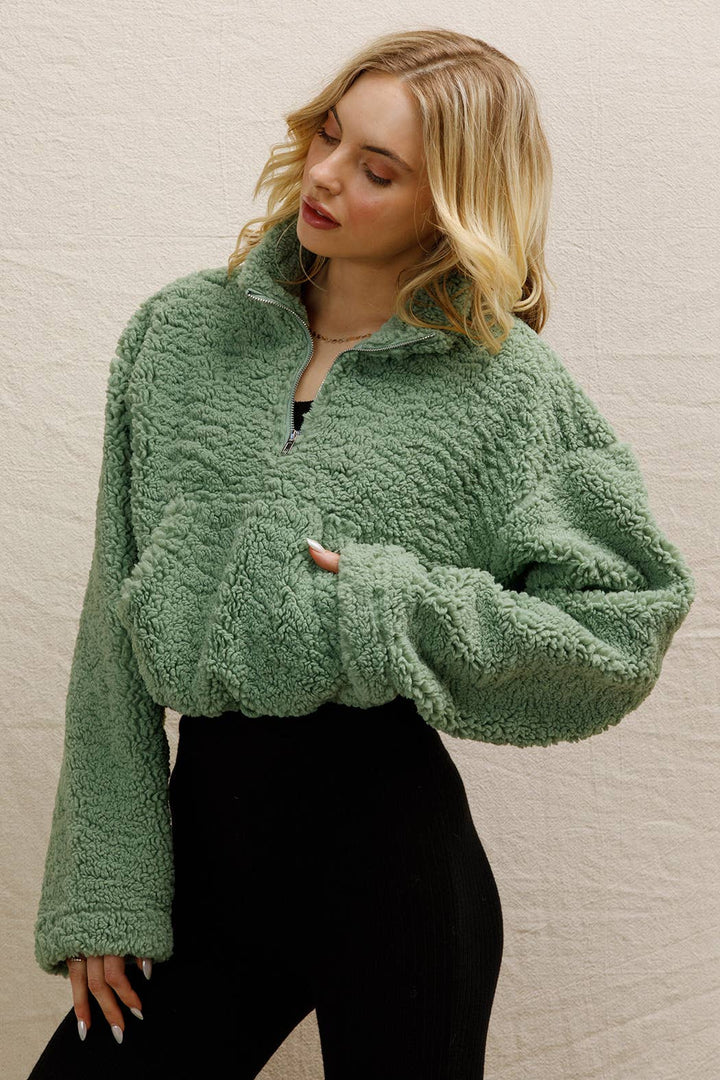 Fuzzy Cropped Half-Zip Pullover Sweater