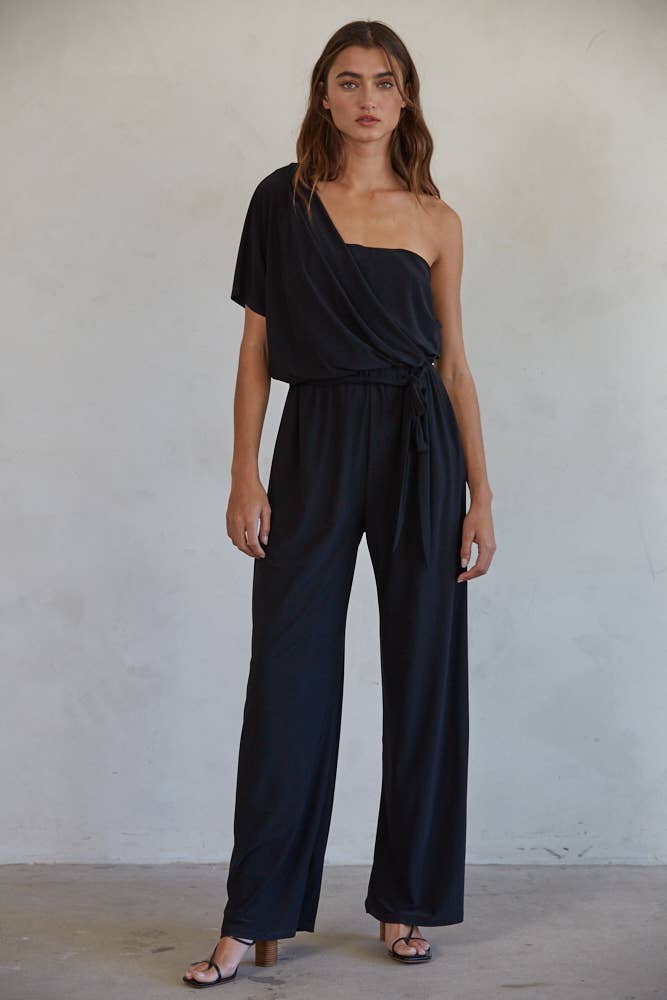 One Shoulder Drape Wide Leg Jumpsuit