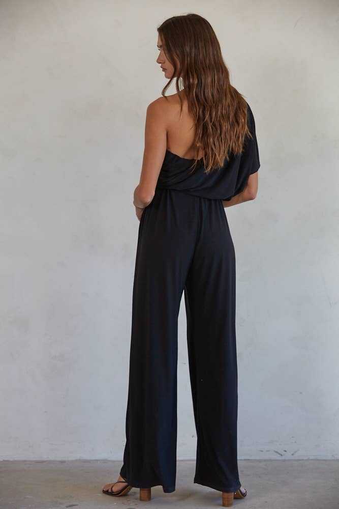 One Shoulder Drape Wide Leg Jumpsuit