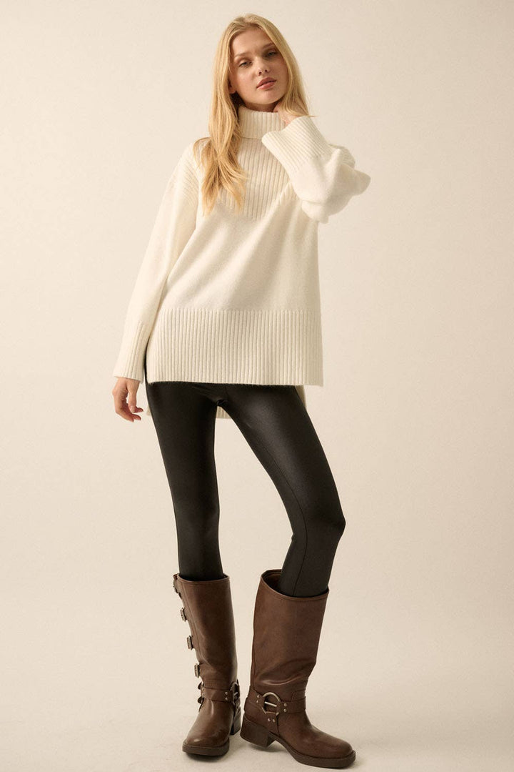 Solid Ribbed Knit Yoke Turtleneck Sweater