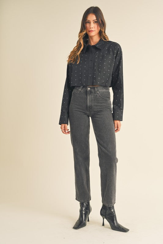 Rhinestone Cropped Button Down