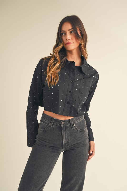 Rhinestone Cropped Button Down