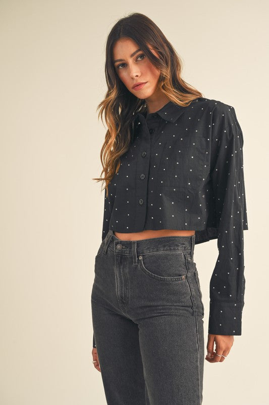 Rhinestone Cropped Button Down