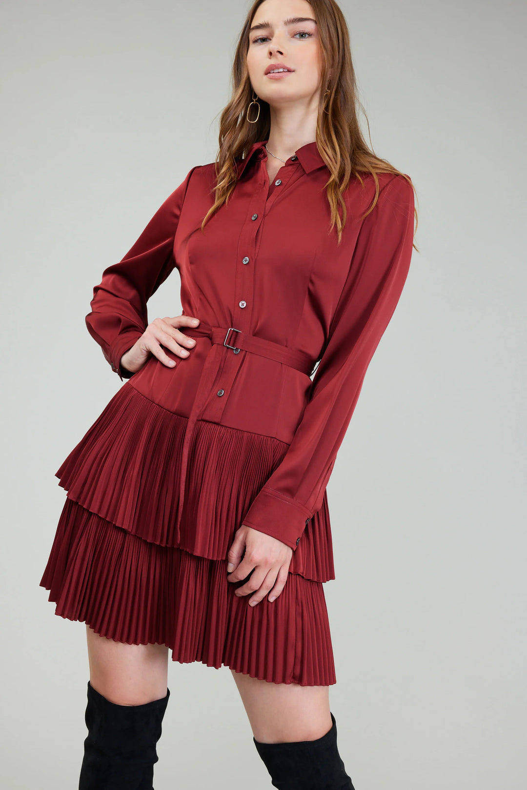 Shirt Dress with Pleated Tiered Skirt