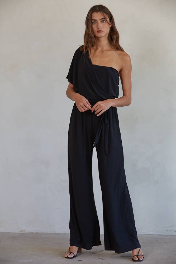 One Shoulder Drape Wide Leg Jumpsuit