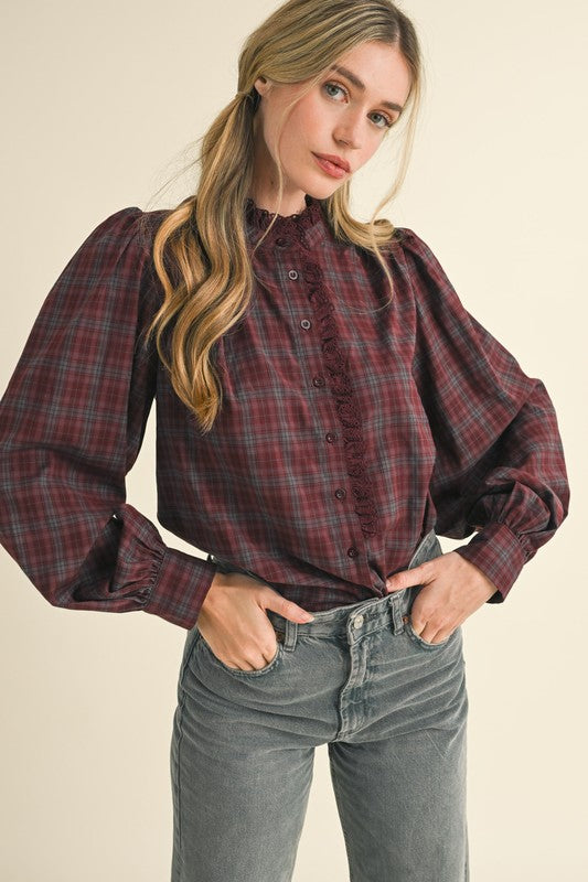 Plaid Lace Trim Top